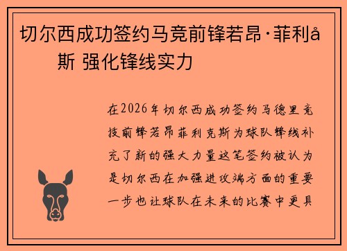 切尔西成功签约马竞前锋若昂·菲利克斯 强化锋线实力